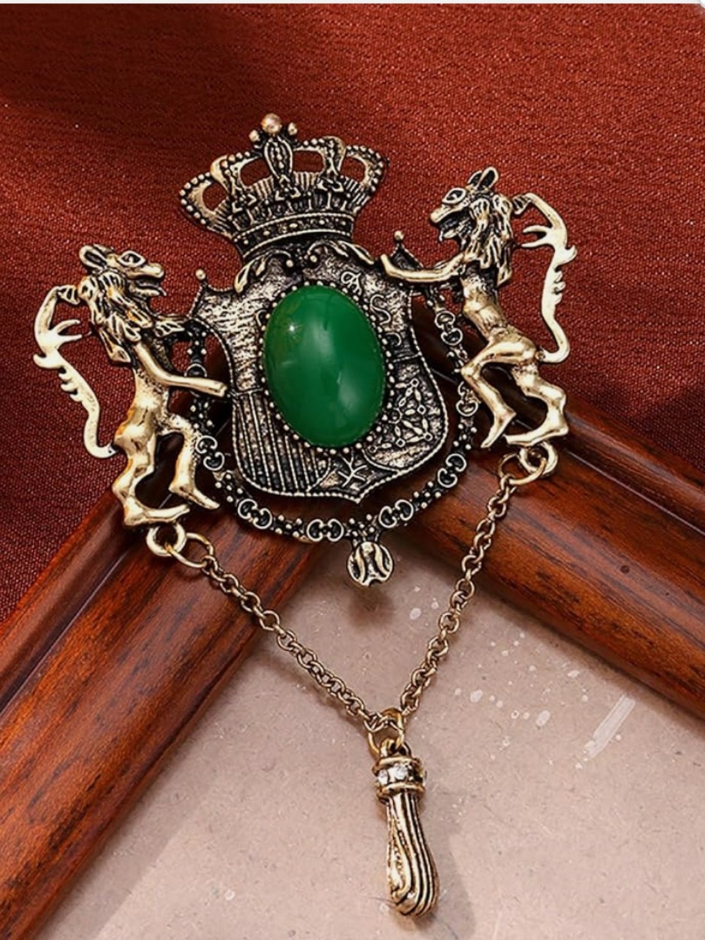 Antique bronze color Crest Brooch with Green Stone and Gold Lions large